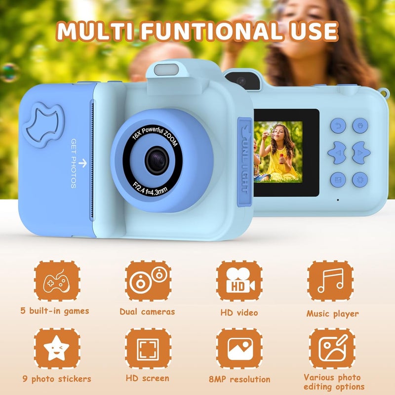 MISIRUN Kids Camera Instant Print, Christmas Birthday Gifts Toys for Girls Boys Age 4 5 6 7 8 9 10 11 12 Years Old,1080P HD Dual Lens Selfie Digital Camera with 5 Rolls Print Paper Stickers Pens 32G Card - Image 3